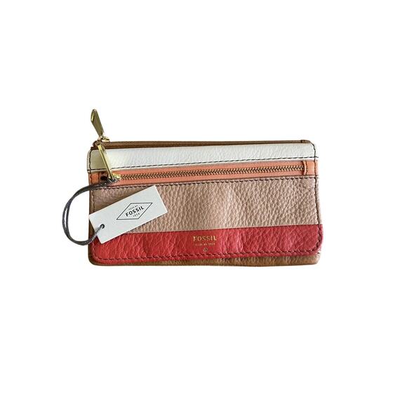 NWT Fossil Preston Flap Snap Bi-fold Long Wallet Clutch Pink Stripe Leather Zip - Picture 9 of 9